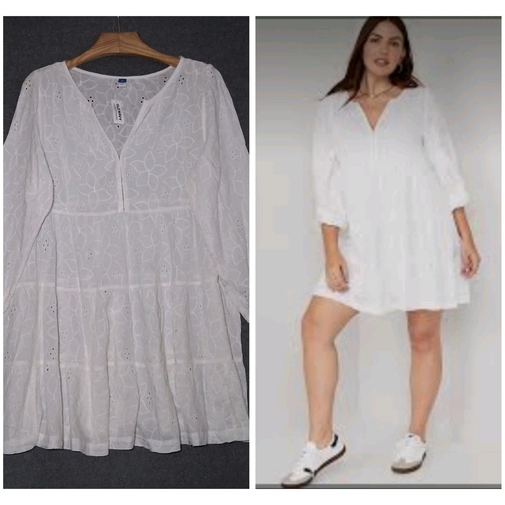 Old Navy Mini Swing Dress XL White Floral Embroidered Eyelet Puff-Sleeve Tiered